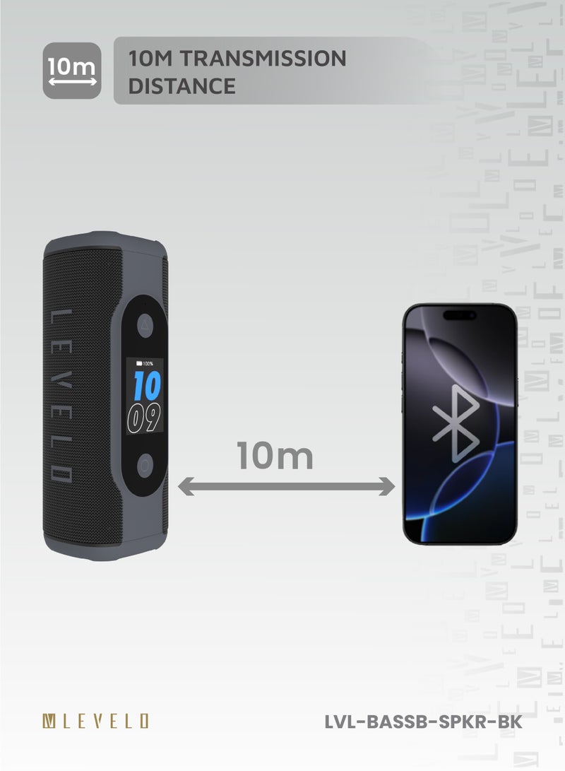 ليفيلو مكبر صوت باسوبيات محمول مع شاشة TFT ووقت تشغيل 8 ساعات، صوت استيريو TWS، 5 أوضاع إضاءة LED، مقاوم للماء والغبار، إعداد صوت EQ قابل للتخصيص، بطارية قابلة لإعادة الشحن بسعة 8000 مللي أمبير، 15 لغة مدعومة، منبه، ساعة وتاريخ - أسود - Image 4