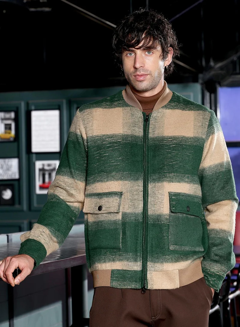 Campus Sutra Men Zip-Front Buffalo Bomber Jacket | Ribbed Baseball Collar, Long Button-Cuff Sleeve | Zipper, Ribbed-Straight Hem | Checks Brushed Woven Fabric For Casual & Daily Wear | Green & Khaki