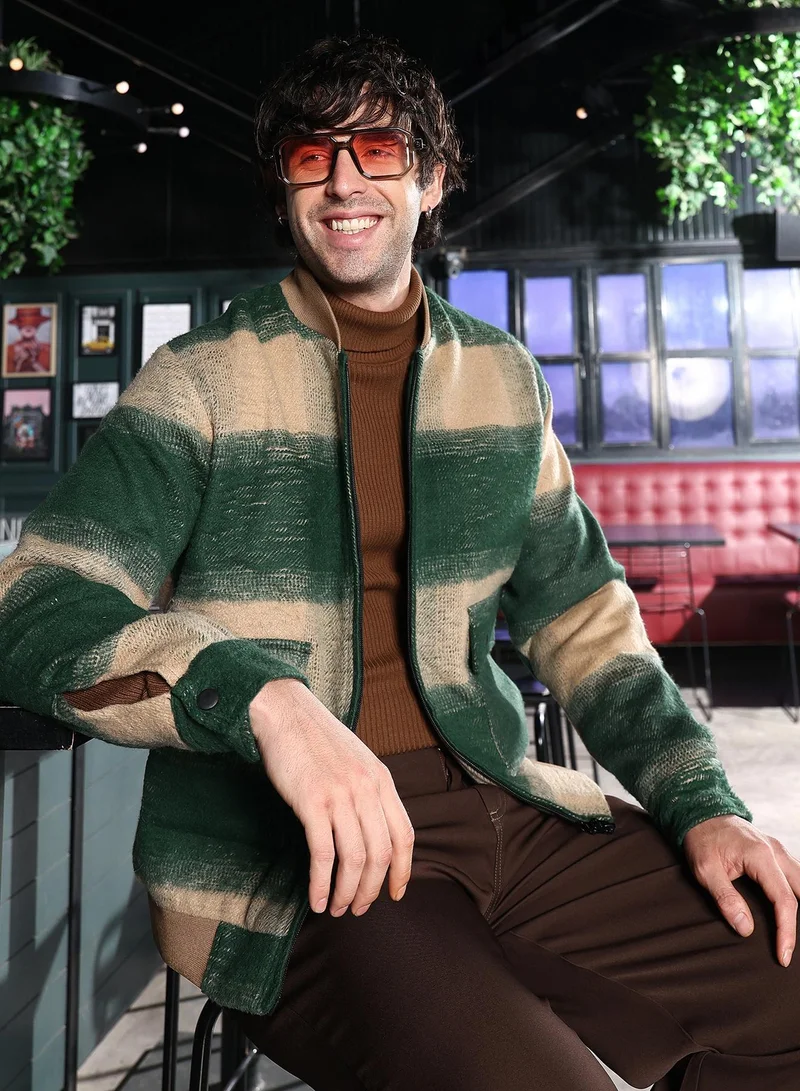 Campus Sutra Men Zip-Front Buffalo Bomber Jacket | Ribbed Baseball Collar, Long Button-Cuff Sleeve | Zipper, Ribbed-Straight Hem | Checks Brushed Woven Fabric For Casual & Daily Wear | Green & Khaki