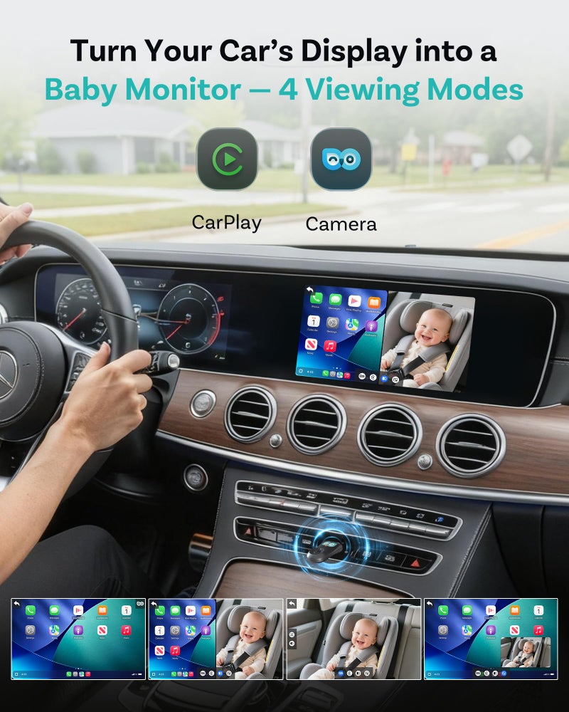 OTTOCAST Cabin Care Adapter 2026,2-in-1 Baby Car Camera & Wireless CarPlay Adapter-No Extra Screen Needed,1080P Car Baby Monitor for No-Glow Night Vision,150Â°Wide Angle,Plug&Play(No Android Support) - Image 2