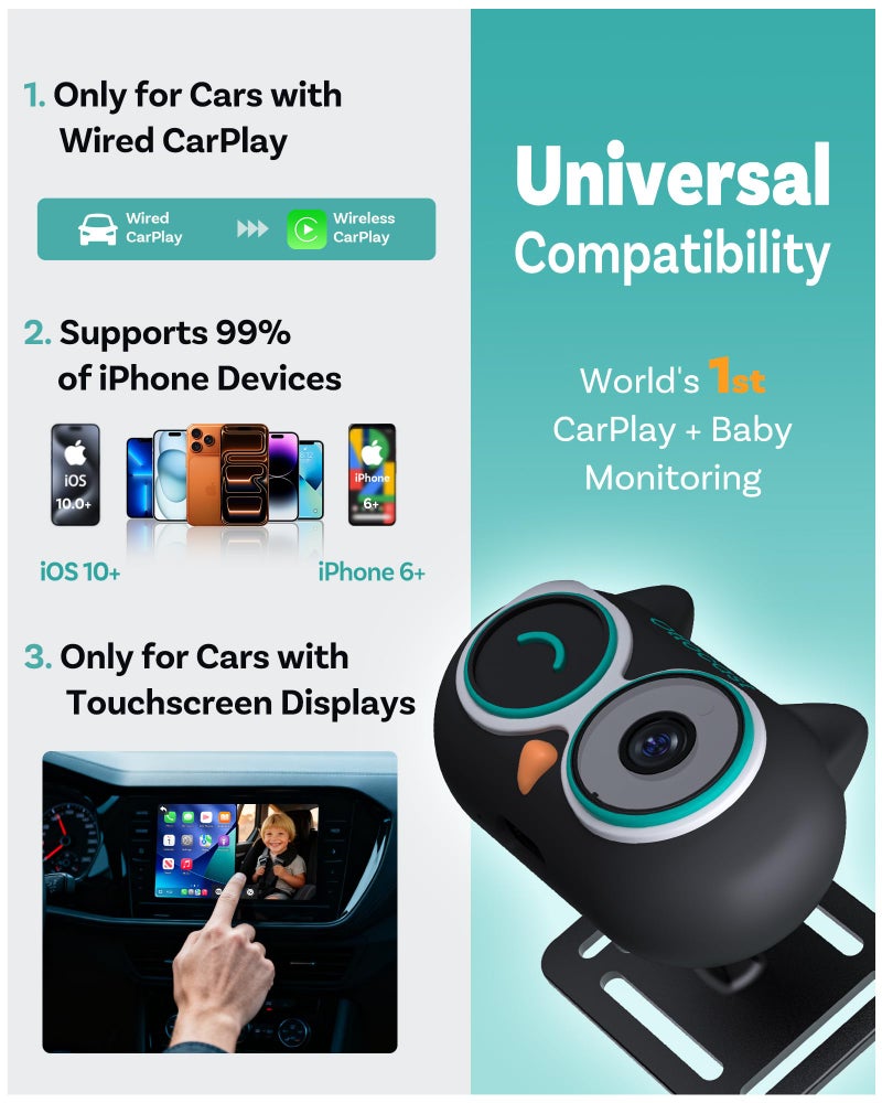 OTTOCAST Cabin Care Adapter 2026,2-in-1 Baby Car Camera & Wireless CarPlay Adapter-No Extra Screen Needed,1080P Car Baby Monitor for No-Glow Night Vision,150Â°Wide Angle,Plug&Play(No Android Support) - Image 4