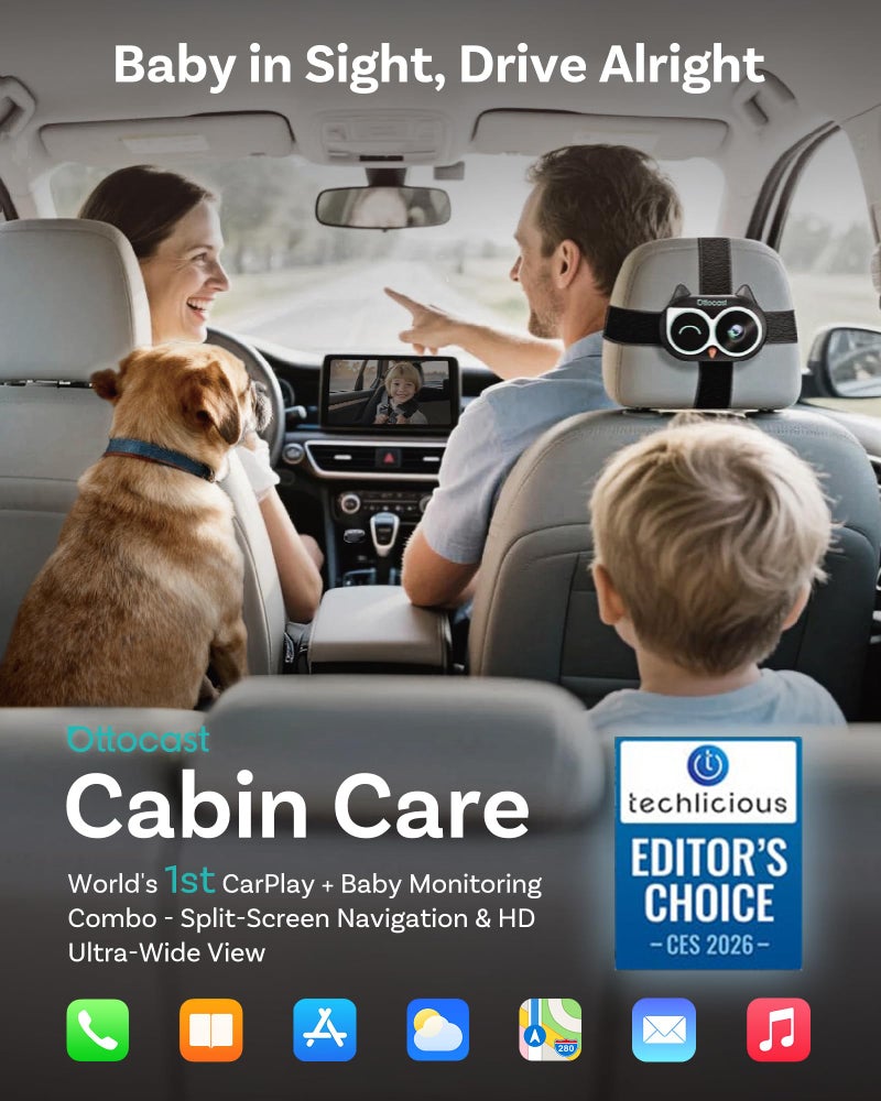 OTTOCAST Cabin Care Adapter 2026,2-in-1 Baby Car Camera & Wireless CarPlay Adapter-No Extra Screen Needed,1080P Car Baby Monitor for No-Glow Night Vision,150Â°Wide Angle,Plug&Play(No Android Support) - Image 3