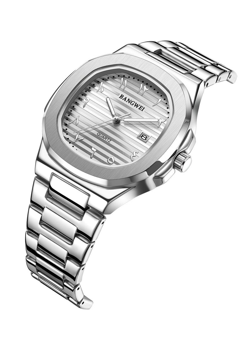 New Luxury Men's Quartz Watches Eastern Arabic numerals Automatic Date Record Wristwatch Business Men Stainless Steel Silver - Image 3