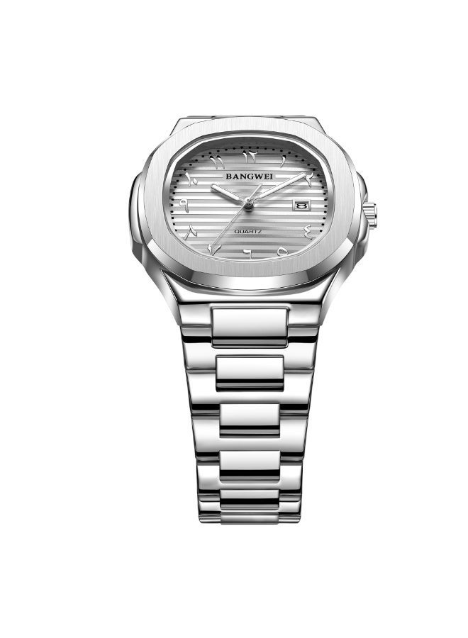 New Luxury Men's Quartz Watches Eastern Arabic numerals Automatic Date Record Wristwatch Business Men Stainless Steel Silver - Image 2