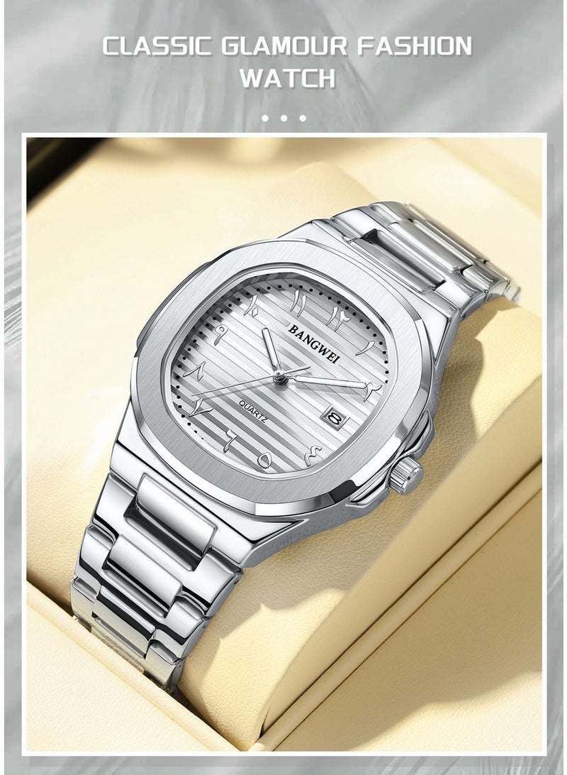 New Luxury Men's Quartz Watches Eastern Arabic numerals Automatic Date Record Wristwatch Business Men Stainless Steel Silver - Image 5