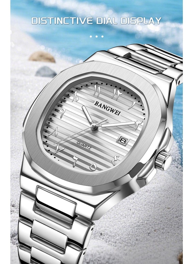 New Luxury Men's Quartz Watches Eastern Arabic numerals Automatic Date Record Wristwatch Business Men Stainless Steel Silver - Image 4