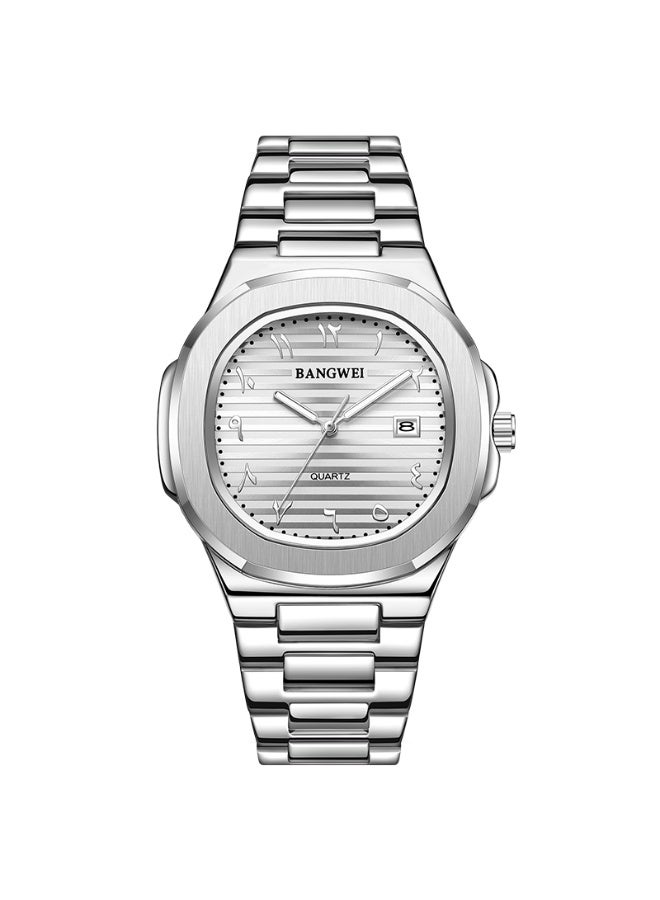 New Luxury Men's Quartz Watches Eastern Arabic numerals Automatic Date Record Wristwatch Business Men Stainless Steel Silver - Image 1