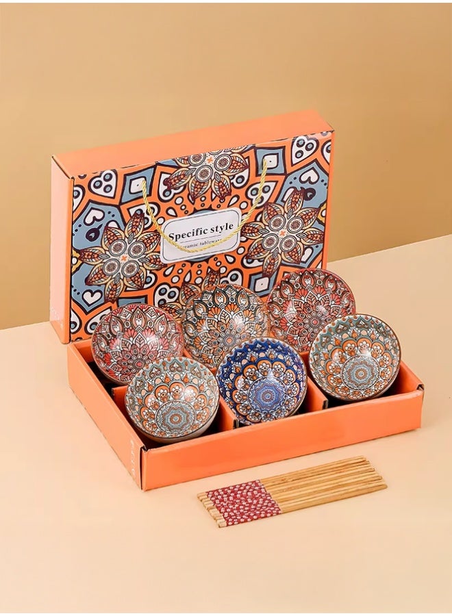 Crazy Boss 6PCS Ceramic Bowl Set with Chopsticks Colorful Mandala Pattern Gift Box Dinnerware Set for Rice, Soup and Noodles - Image 5