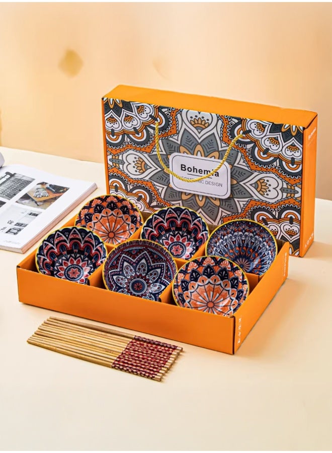 Crazy Boss 6PCS Ceramic Bowl Set with Chopsticks Colorful Mandala Pattern Gift Box Dinnerware Set for Rice, Soup and Noodles - Image 3