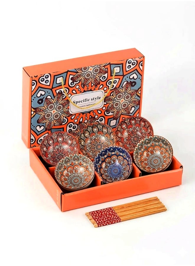 Crazy Boss 6PCS Ceramic Bowl Set with Chopsticks Colorful Mandala Pattern Gift Box Dinnerware Set for Rice, Soup and Noodles - Image 1