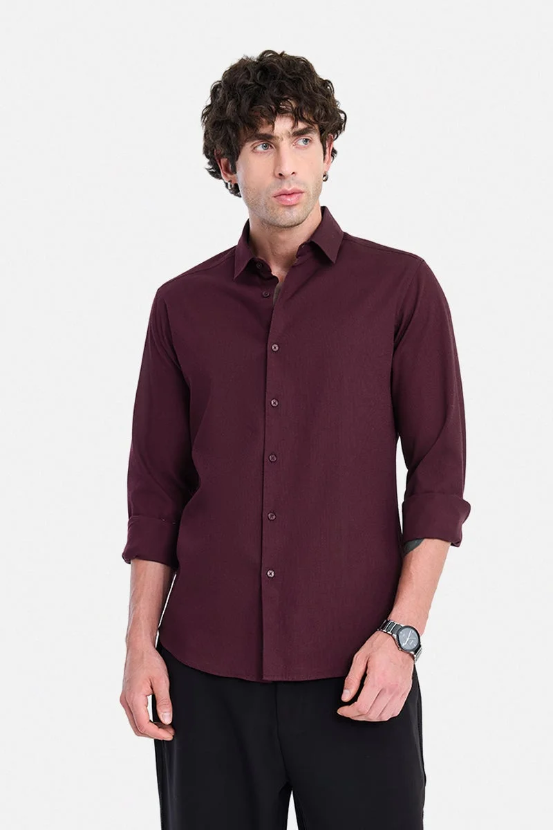 سنيتش Maroon Textured Long Sleeve Slim Fit Formal Shirt