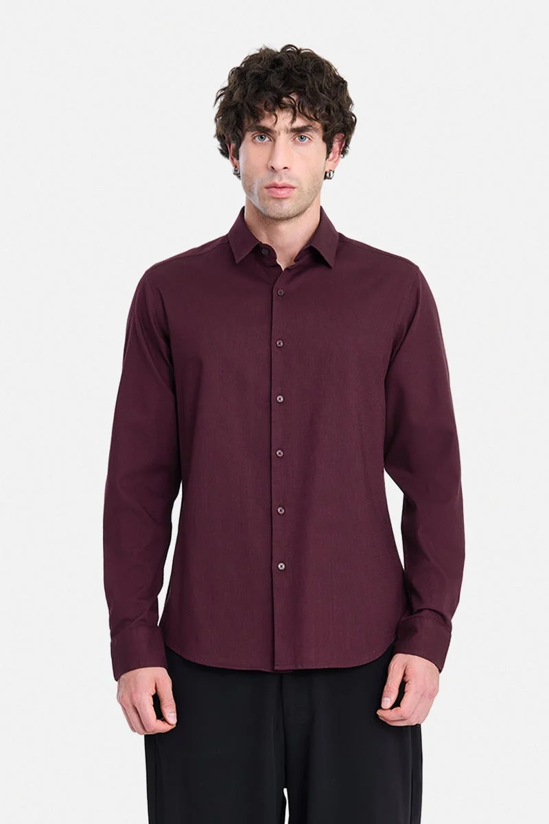 سنيتش Maroon Textured Long Sleeve Slim Fit Formal Shirt