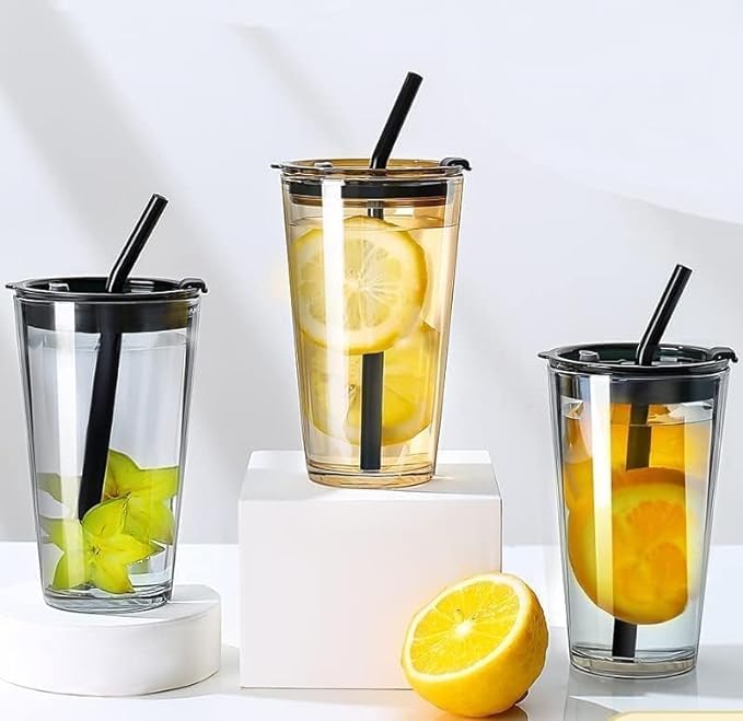 Bitrexup Glass Coffee Sipper Mug with Leather Grip Pack of 1 400ml Clear Drinking Glasses Tumblers with Straws and Lids for Iced Tea Juice Cocktail Smoothies Drinks Cups Grey - Image 3