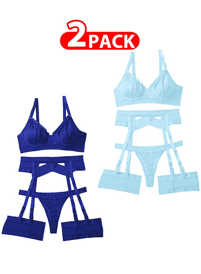 MARGOUN 2 Pack Medium Size Women Sheer Mesh Garter Lingerie Set Strappy Teddy Babydoll Bra and Panty with Leg Ring 4 Piece Lingerie Set - Image 1