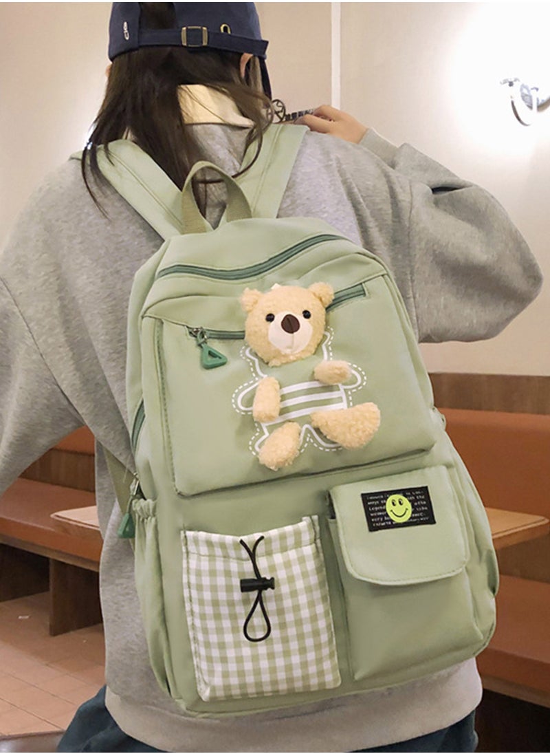 Sharpdo - Kawaii Boys and Girls Backpack with Cute Plush Pendant Kawaii Kids School Backpack Cute Aesthetic Backpack-Green - Image 1