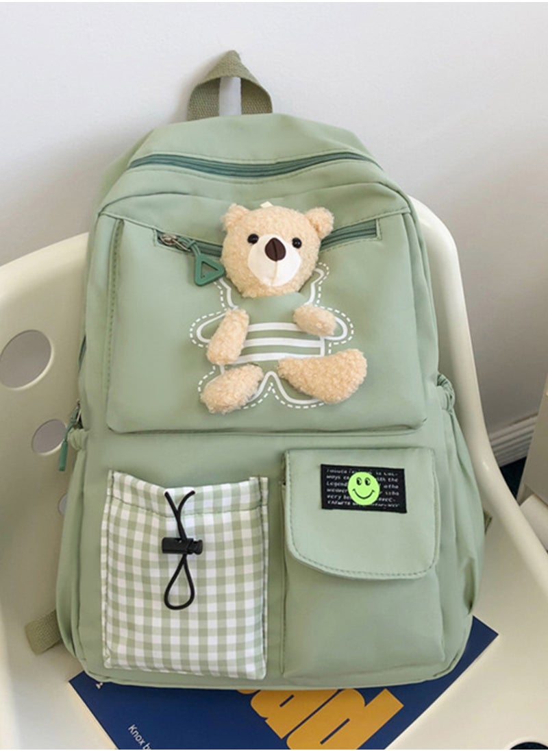 Sharpdo - Kawaii Boys and Girls Backpack with Cute Plush Pendant Kawaii Kids School Backpack Cute Aesthetic Backpack-Green - Image 1