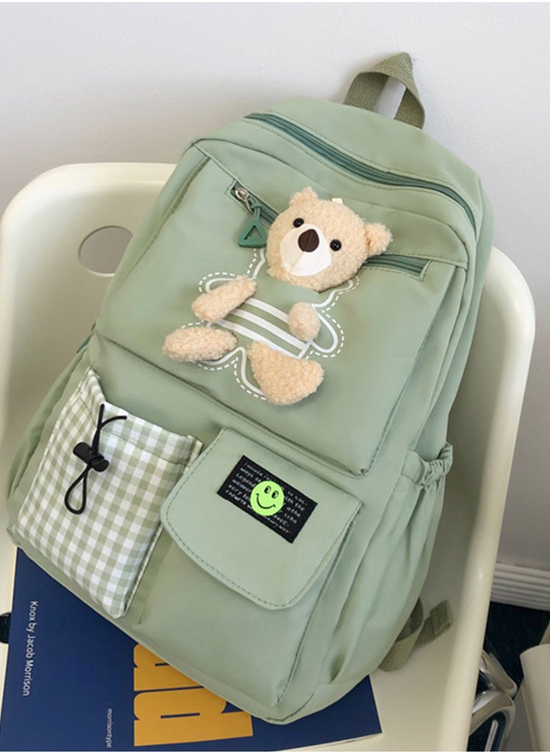 Sharpdo - Kawaii Boys and Girls Backpack with Cute Plush Pendant Kawaii Kids School Backpack Cute Aesthetic Backpack-Green - Image 1