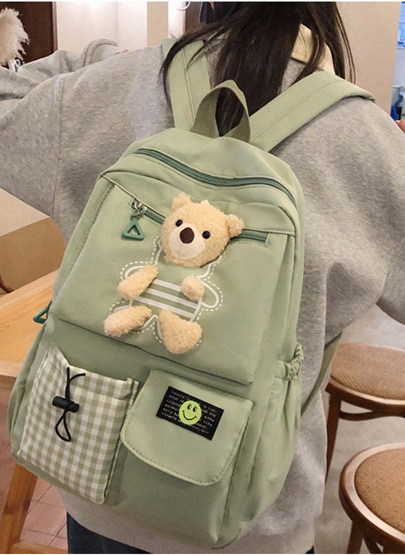 Sharpdo - Kawaii Boys and Girls Backpack with Cute Plush Pendant Kawaii Kids School Backpack Cute Aesthetic Backpack-Green - Image 1