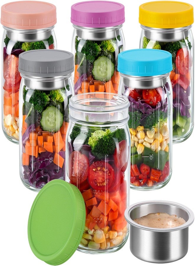 KTKUDY 6 Pack 32 oz Glass Salad Jars with Dressing Cups (Pod) - Meal Prep Salad Container for Lunch - Leakproof Mason Jars with Lids - Image 1