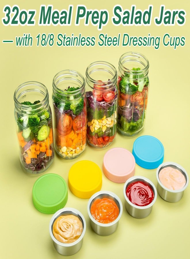 KTKUDY 6 Pack 32 oz Glass Salad Jars with Dressing Cups (Pod) - Meal Prep Salad Container for Lunch - Leakproof Mason Jars with Lids - Image 2