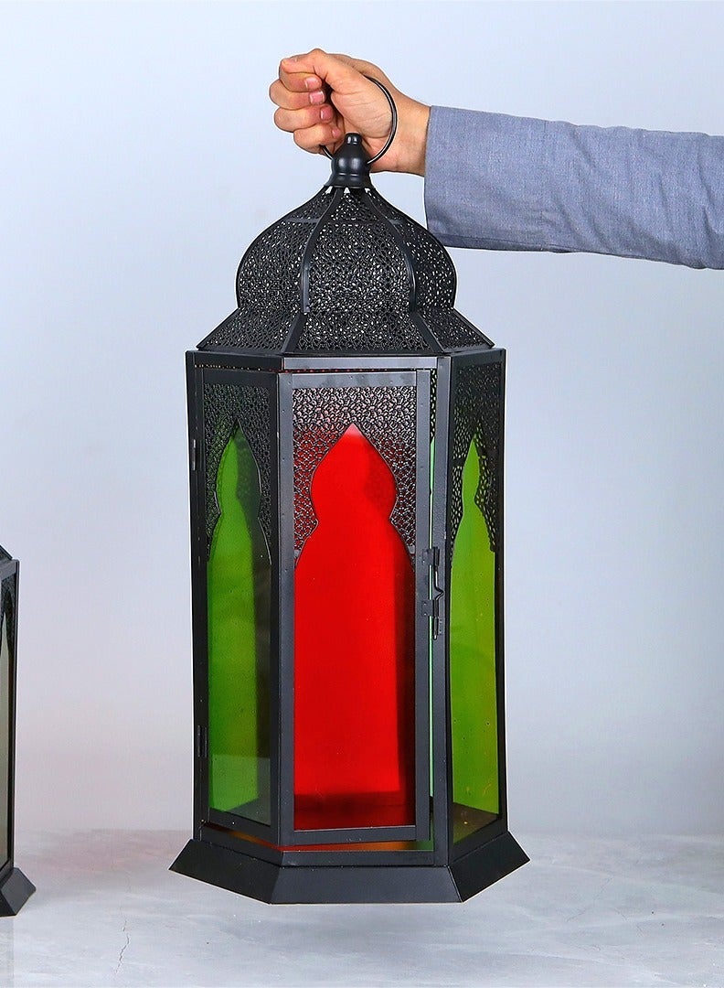 AL Hadaya Mall Luxury Metal Ramadan Lantern – Black with Colored Glass (26×26×60 cm) - Image 2
