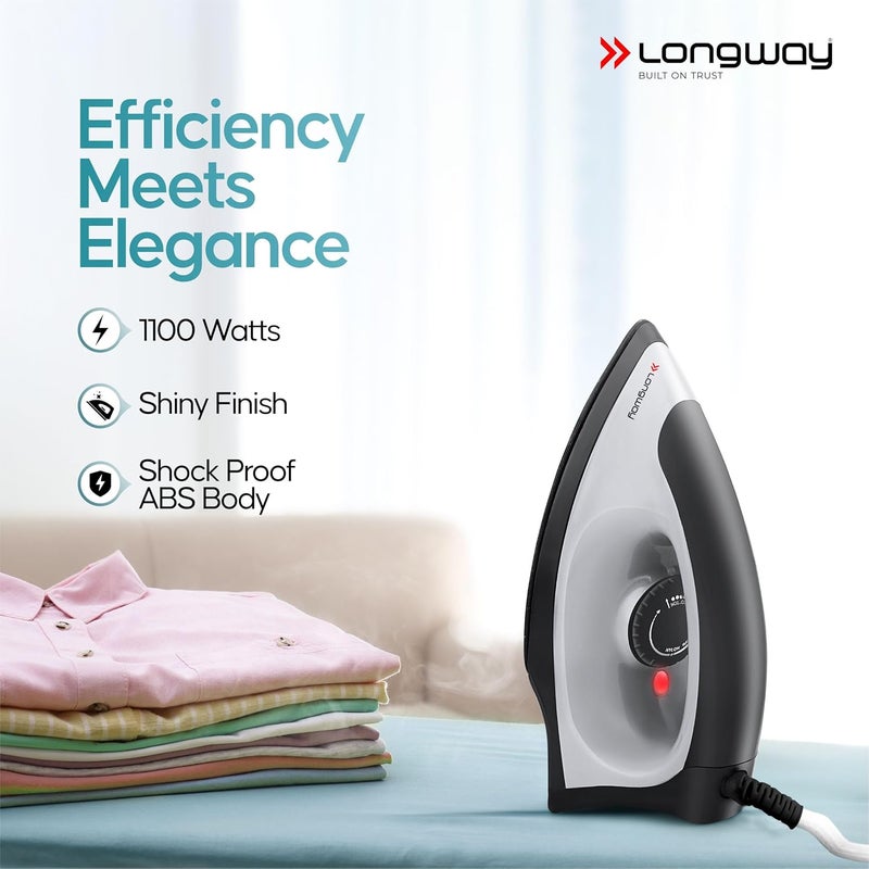 LONGWAY Longway Kwid Light Weight NonStick Teflon Coated Dry Iron Electric Iron for Clothes 1100 Watt Black - Image 3