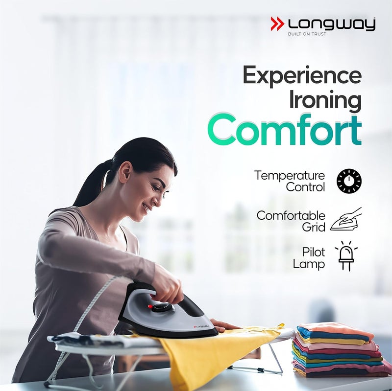 LONGWAY Longway Kwid Light Weight NonStick Teflon Coated Dry Iron Electric Iron for Clothes 1100 Watt Black - Image 5