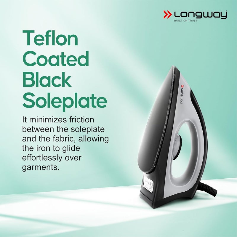 LONGWAY Longway Kwid Light Weight NonStick Teflon Coated Dry Iron Electric Iron for Clothes 1100 Watt Black - Image 4
