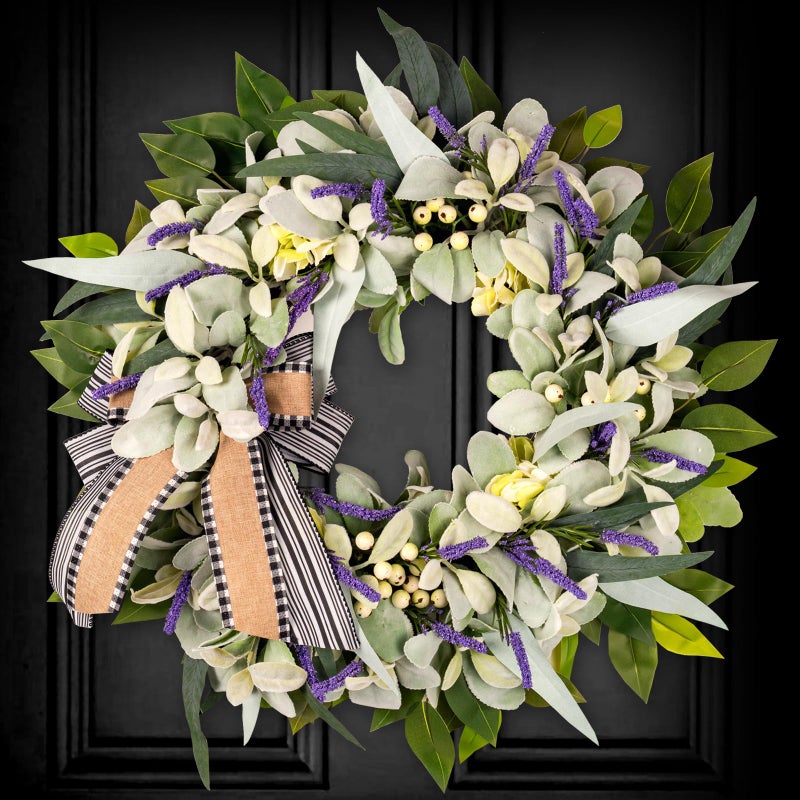 soosubel Lambs Ear Wreaths for Front Door All Season, 20" Spring Summer Wreath with Lavender Bow, Green Handmade Farmhouse Wreath for Home Decor Pocrh Wall - Image 1
