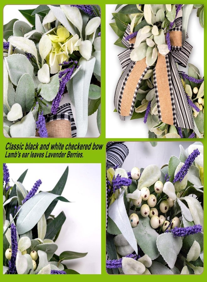 soosubel Lambs Ear Wreaths for Front Door All Season, 20" Spring Summer Wreath with Lavender Bow, Green Handmade Farmhouse Wreath for Home Decor Pocrh Wall - Image 2