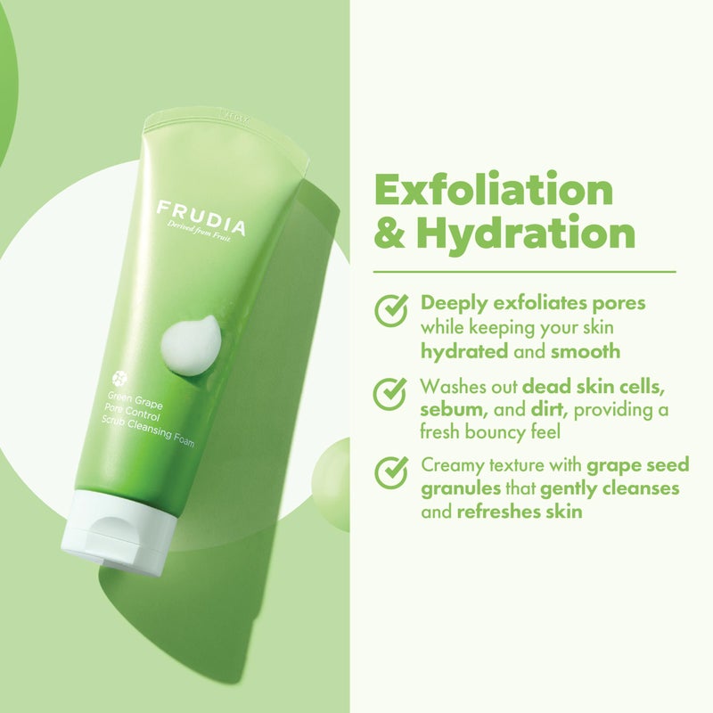 FRUDIA Green Grape Pore Control Scrub Cleansing Foam â€“ Korean Skincare Deep Pore Exfoliating Wash with Green Grape Seed Scrub, Dust Zero Complex & Vitamin E, 4.9â€¯flâ€¯oz - Image 2