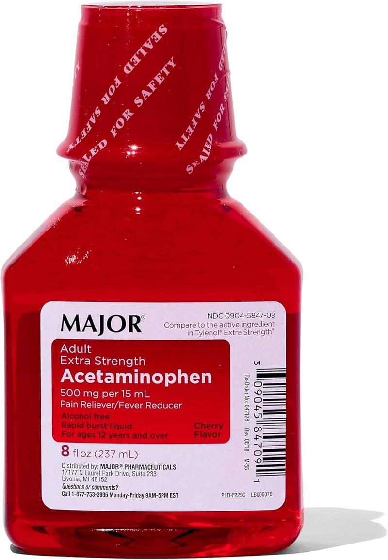 MAJOR Adult Extra Strength Liquid Acetaminophen - 500 mg Acetaminophen/15 mL Dose - Pain Reliever and Fever Reducer - Cherry Flavor - 8 Fl Oz (2 Pack)