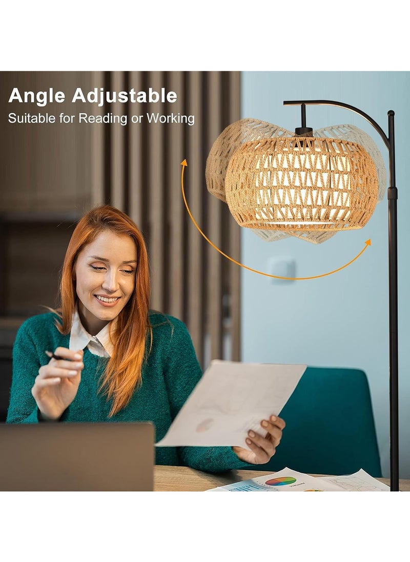 Arc Floor Lamp for Living Room Rattan Boho Floor Lamp with Remote Control Dimmable LED Floor Lamp Wicker Lamp Shades Black Standing Lamp with 3 Color Temperature Tall Floor Lamp For Bedroom Corner