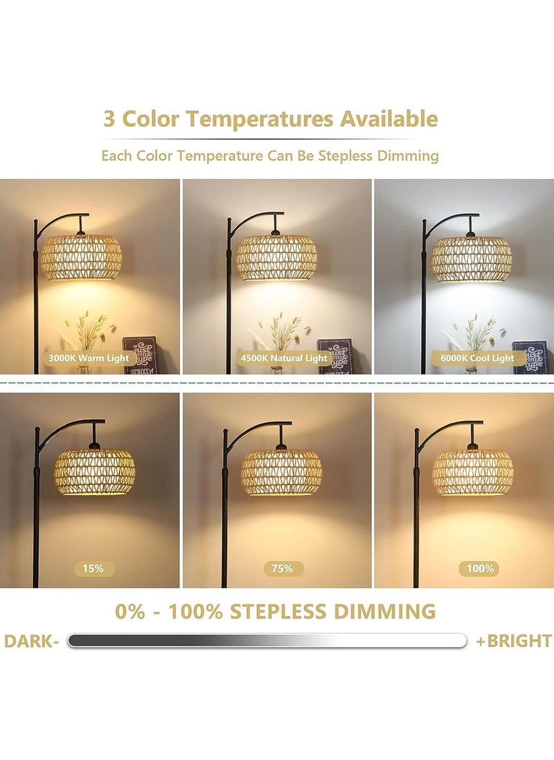 Arc Floor Lamp for Living Room Rattan Boho Floor Lamp with Remote Control Dimmable LED Floor Lamp Wicker Lamp Shades Black Standing Lamp with 3 Color Temperature Tall Floor Lamp For Bedroom Corner