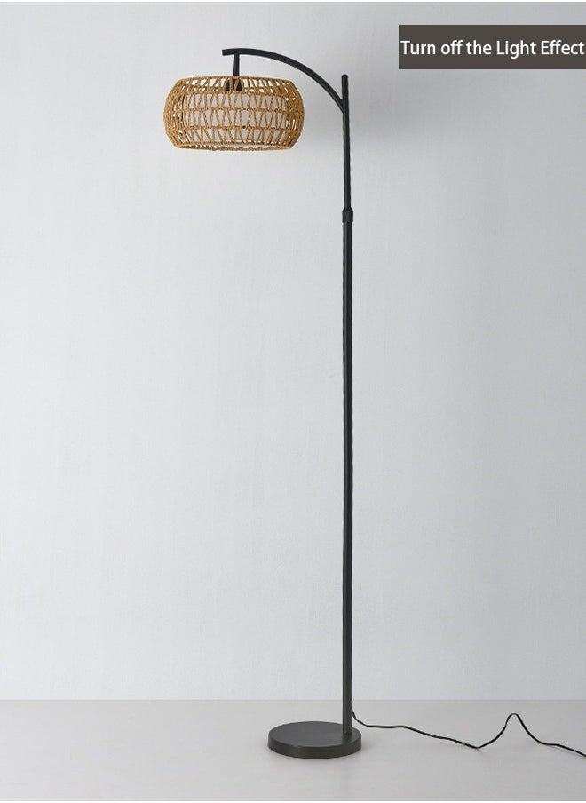 Arc Floor Lamp for Living Room Rattan Boho Floor Lamp with Remote Control Dimmable LED Floor Lamp Wicker Lamp Shades Black Standing Lamp with 3 Color Temperature Tall Floor Lamp For Bedroom Corner