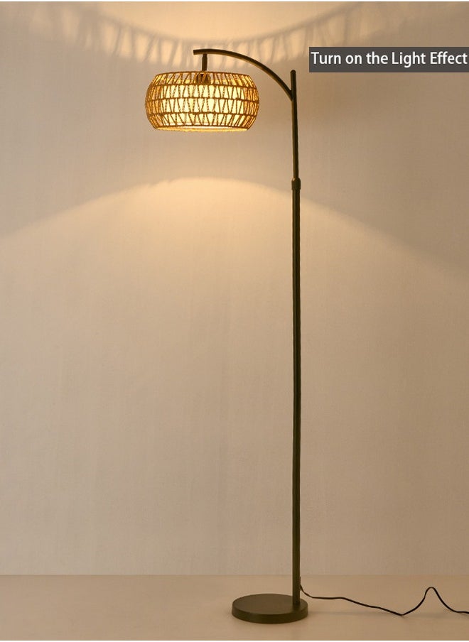 Arc Floor Lamp for Living Room Rattan Boho Floor Lamp with Remote Control Dimmable LED Floor Lamp Wicker Lamp Shades Black Standing Lamp with 3 Color Temperature Tall Floor Lamp For Bedroom Corner