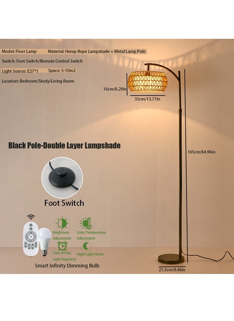 Arc Floor Lamp for Living Room Rattan Boho Floor Lamp with Remote Control Dimmable LED Floor Lamp Wicker Lamp Shades Black Standing Lamp with 3 Color Temperature Tall Floor Lamp For Bedroom Corner