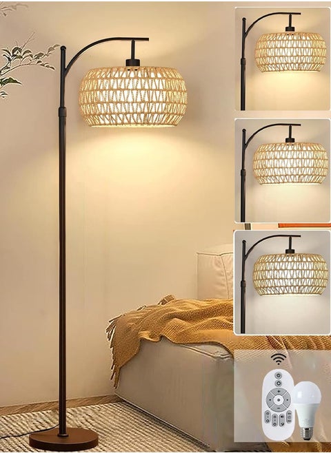 Arc Floor Lamp for Living Room Rattan Boho Floor Lamp with Remote Control Dimmable LED Floor Lamp Wicker Lamp Shades Black Standing Lamp with 3 Color Temperature Tall Floor Lamp For Bedroom Corner