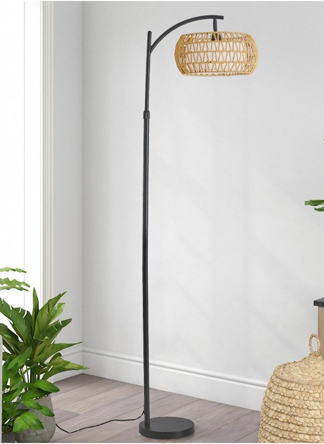 Arc Floor Lamp for Living Room Rattan Boho Floor Lamp with Remote Control Dimmable LED Floor Lamp Wicker Lamp Shades Black Standing Lamp with 3 Color Temperature Tall Floor Lamp For Bedroom Corner