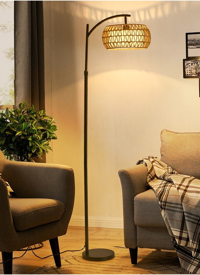Arc Floor Lamp for Living Room Rattan Boho Floor Lamp with Remote Control Dimmable LED Floor Lamp Wicker Lamp Shades Black Standing Lamp with 3 Color Temperature Tall Floor Lamp For Bedroom Corner
