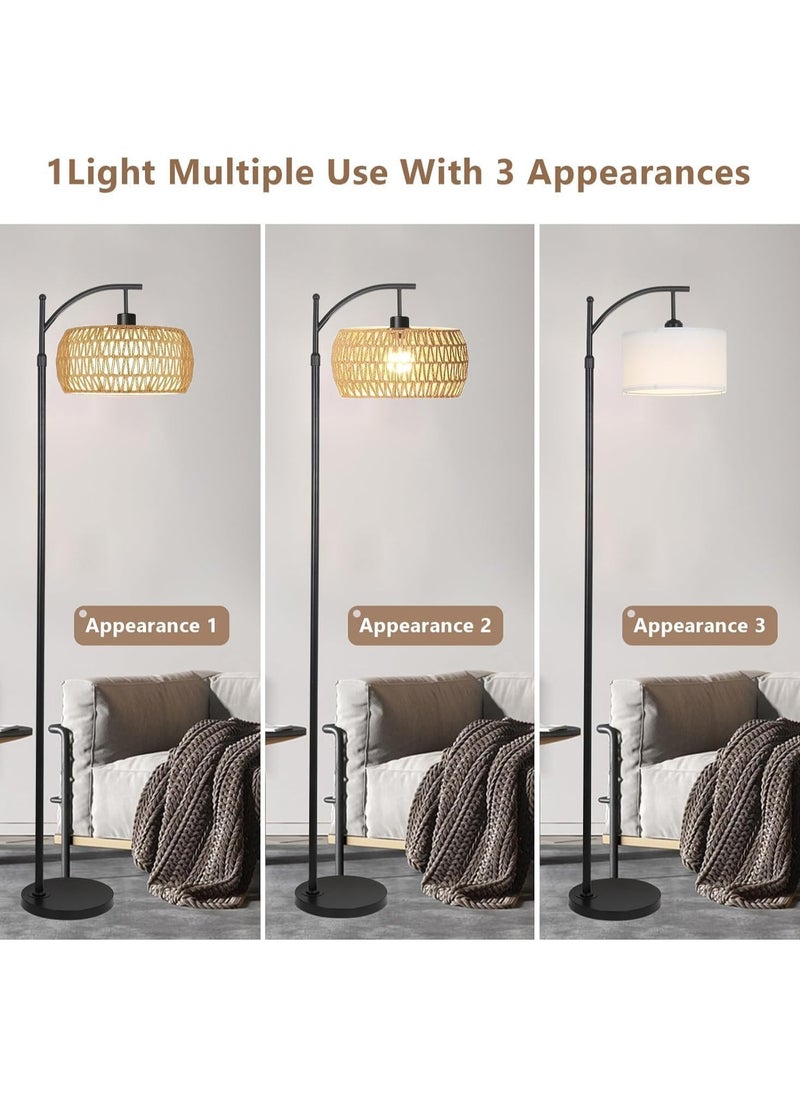 Arc Floor Lamp for Living Room Rattan Boho Floor Lamp with Remote Control Dimmable LED Floor Lamp Wicker Lamp Shades Black Standing Lamp with 3 Color Temperature Tall Floor Lamp For Bedroom Corner
