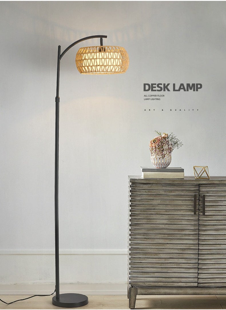 Arc Floor Lamp for Living Room Rattan Boho Floor Lamp with Remote Control Dimmable LED Floor Lamp Wicker Lamp Shades Black Standing Lamp with 3 Color Temperature Tall Floor Lamp For Bedroom Corner