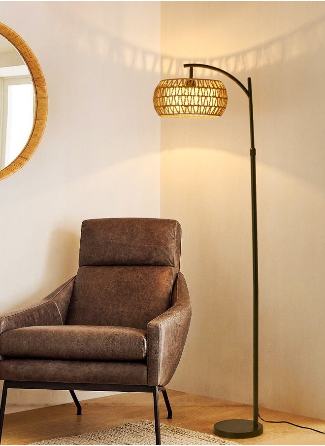 Arc Floor Lamp for Living Room Rattan Boho Floor Lamp with Remote Control Dimmable LED Floor Lamp Wicker Lamp Shades Black Standing Lamp with 3 Color Temperature Tall Floor Lamp For Bedroom Corner