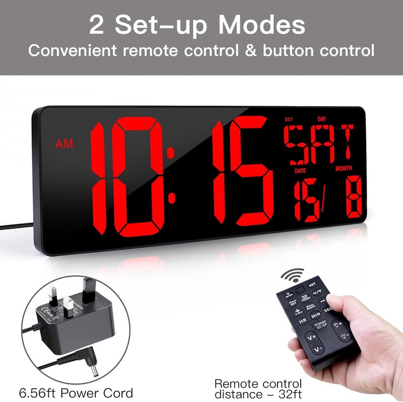 XREXS Large Digital Wall Clock with Remote Control, 16.5 Inch LED Large Display Count Up & Down Timer, Adjustable Brightness Alarm Clock with Day/Date/Temperature for Home, Gym, Office and Classroom - Image 5