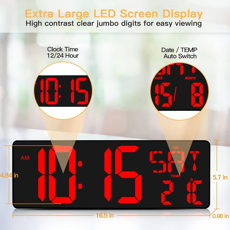 XREXS Large Digital Wall Clock with Remote Control, 16.5 Inch LED Large Display Count Up & Down Timer, Adjustable Brightness Alarm Clock with Day/Date/Temperature for Home, Gym, Office and Classroom - Image 2
