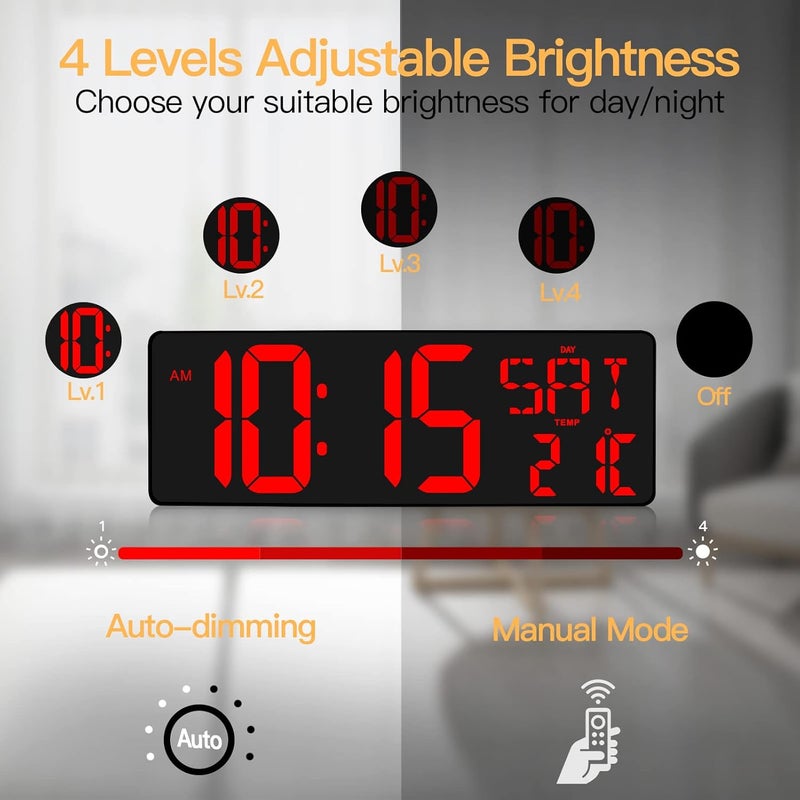 XREXS Large Digital Wall Clock with Remote Control, 16.5 Inch LED Large Display Count Up & Down Timer, Adjustable Brightness Alarm Clock with Day/Date/Temperature for Home, Gym, Office and Classroom - Image 3