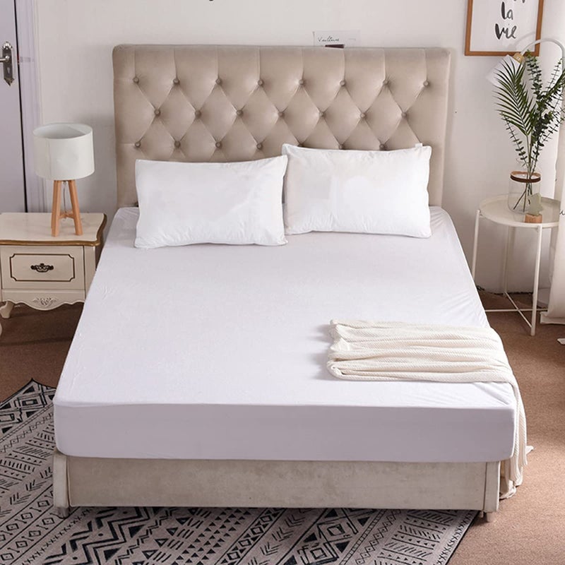Ambika Mattress Waterproof Soft Terry Cotton Breathable Lycra Elastic Fitted Style Double Bed Mattress Protector/Bed Cover (72x36 inch, White)  - Image 1