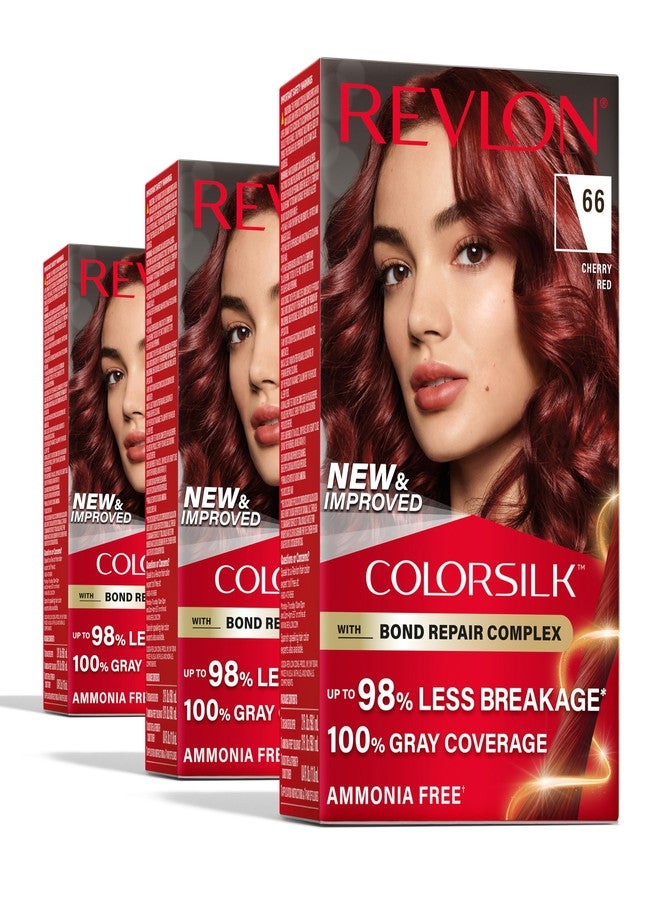 Revlon ColorSilk with Bond Repair Complex, Red Permanent Hair Color, 100% Gray Coverage, Ammonia Free Hair Dye, Vegan Keratin, 66 Cherry Red (Pack of 3) - Image 1