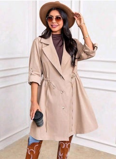 SHEIN LUNE Women's Casual Khaki Windbreaker With Rolled-Up Sleeves And Waist Drawstring