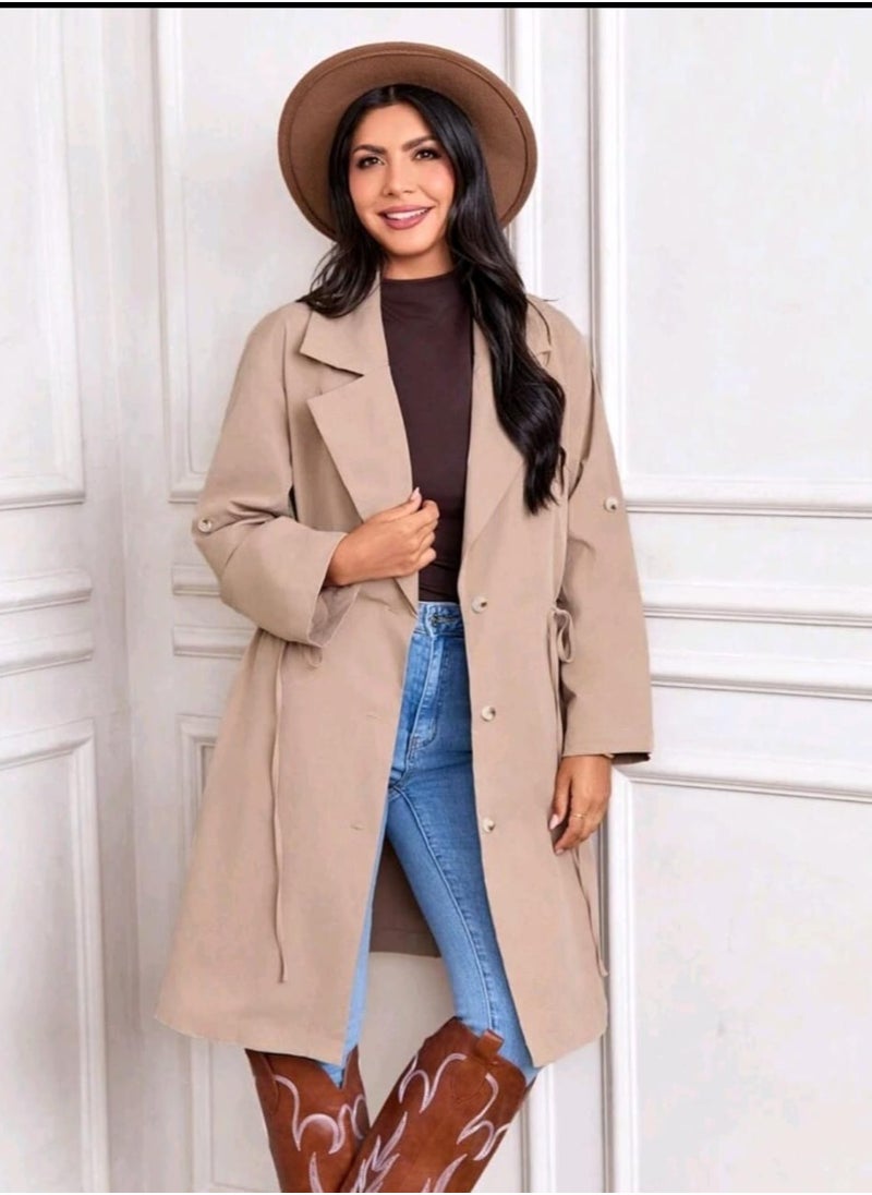 Shein - SHEIN LUNE Women's Casual Khaki Windbreaker With Rolled-Up Sleeves And Waist Drawstring - Image 1